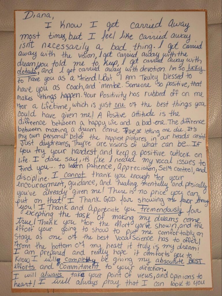 Hand-written testimonial from Aubrie Morris, MTD sufferer from the USA. 2